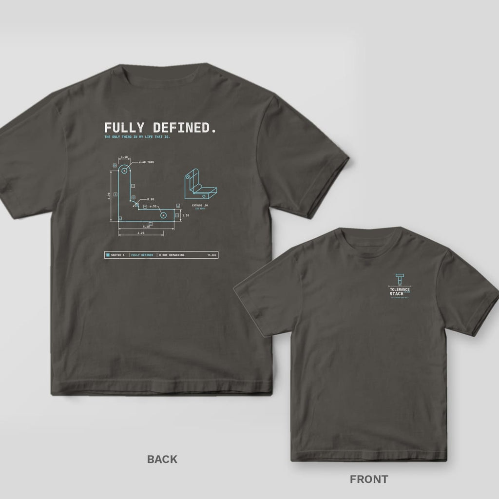 Pepper Comfort Colors tee shown back and front: a fully defined CAD sketch of an L-bracket on the back and a small Tolerance Stack wordmark on the chest.