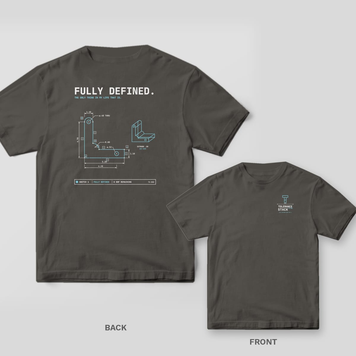 Pepper Comfort Colors tee shown back and front: a fully defined CAD sketch of an L-bracket on the back and a small Tolerance Stack wordmark on the chest.