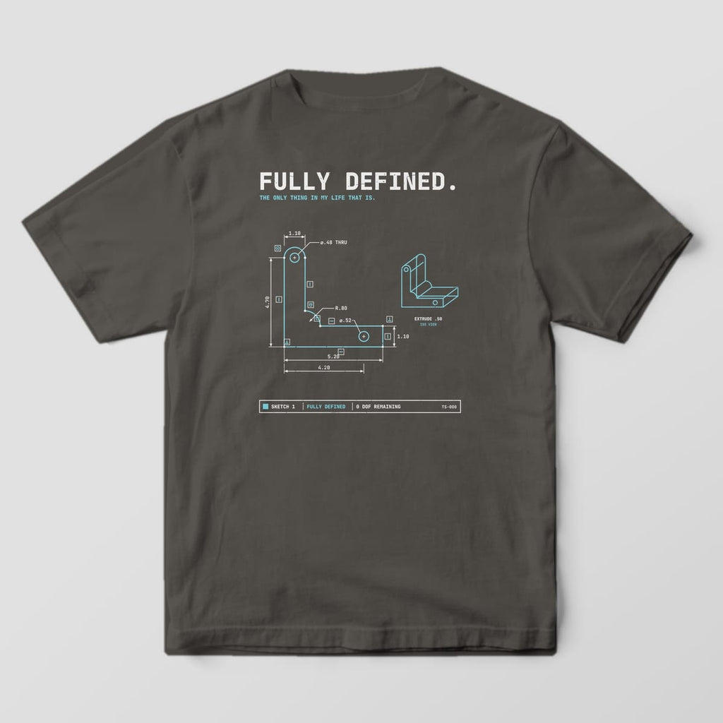 Back of a Pepper Comfort Colors 1717 tee with Fully Defined in off-white mono type over a cyan bracket sketch with constraint symbols, dimensions and an iso view.