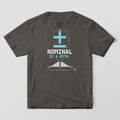 Front of a Pepper Comfort Colors 1717 tee with a full-front print: a giant cyan plus-minus symbol, Nominal Is a Myth, and a histogram with no parts at nominal.