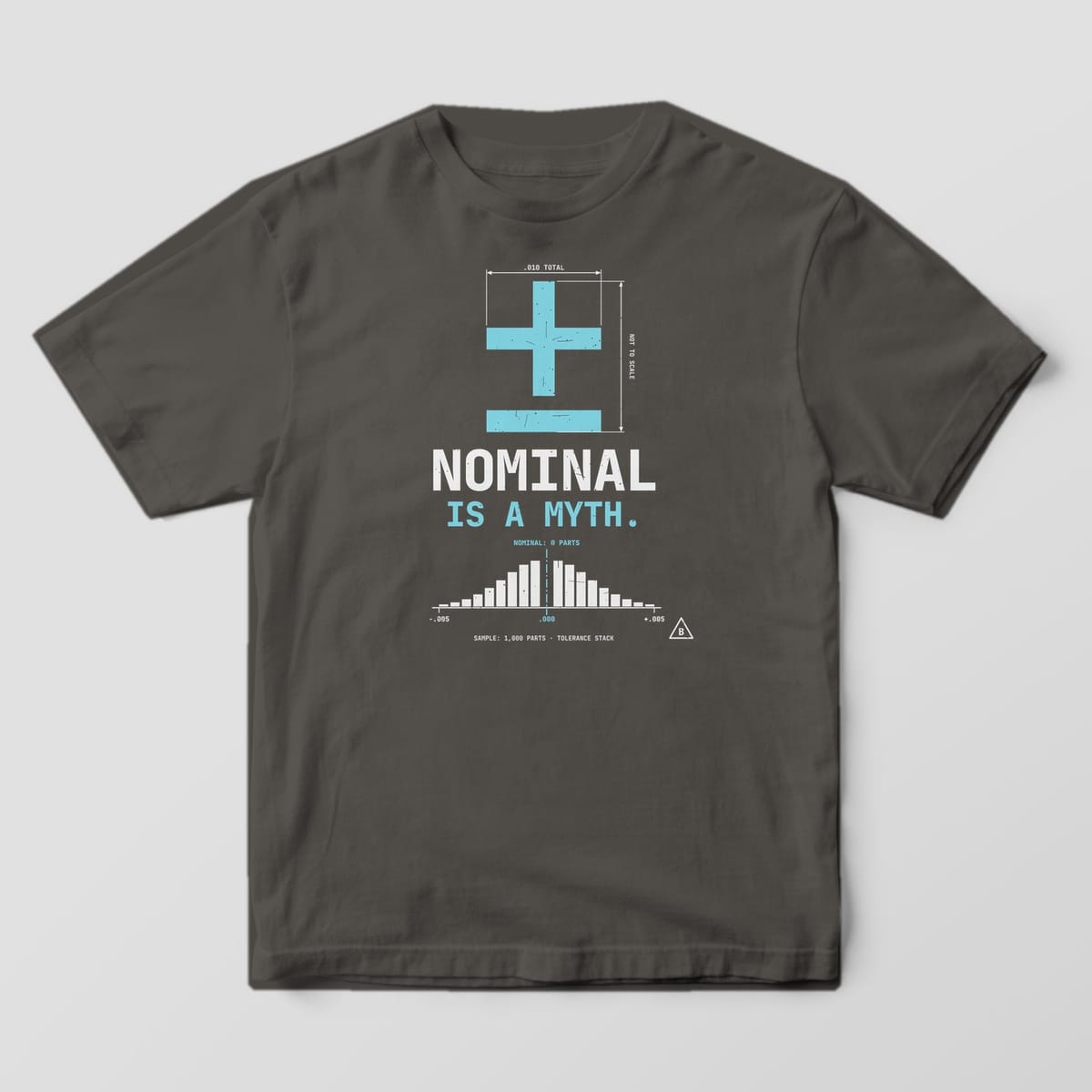 Front of a Pepper Comfort Colors 1717 tee with a full-front print: a giant cyan plus-minus symbol, Nominal Is a Myth, and a histogram with no parts at nominal.