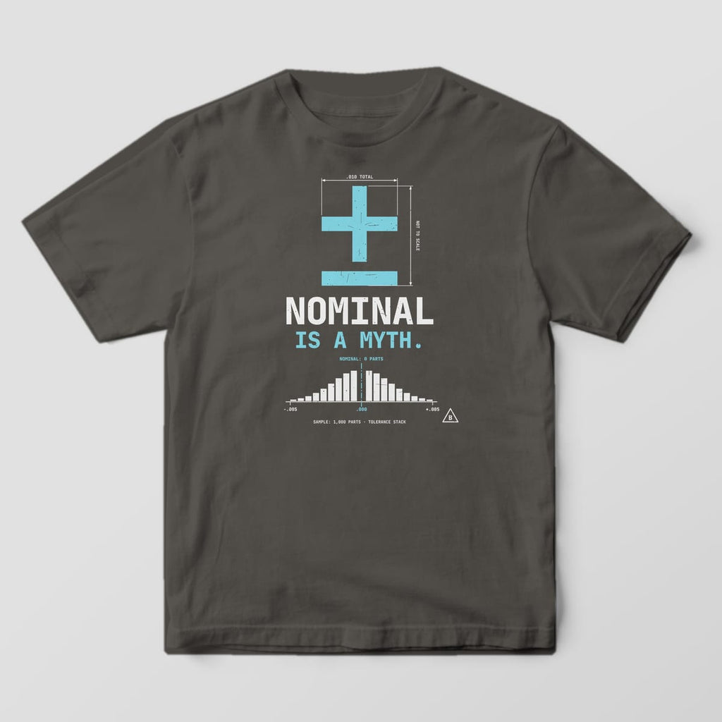 Front of a Pepper Comfort Colors 1717 tee with the Nominal Is a Myth full-front print.