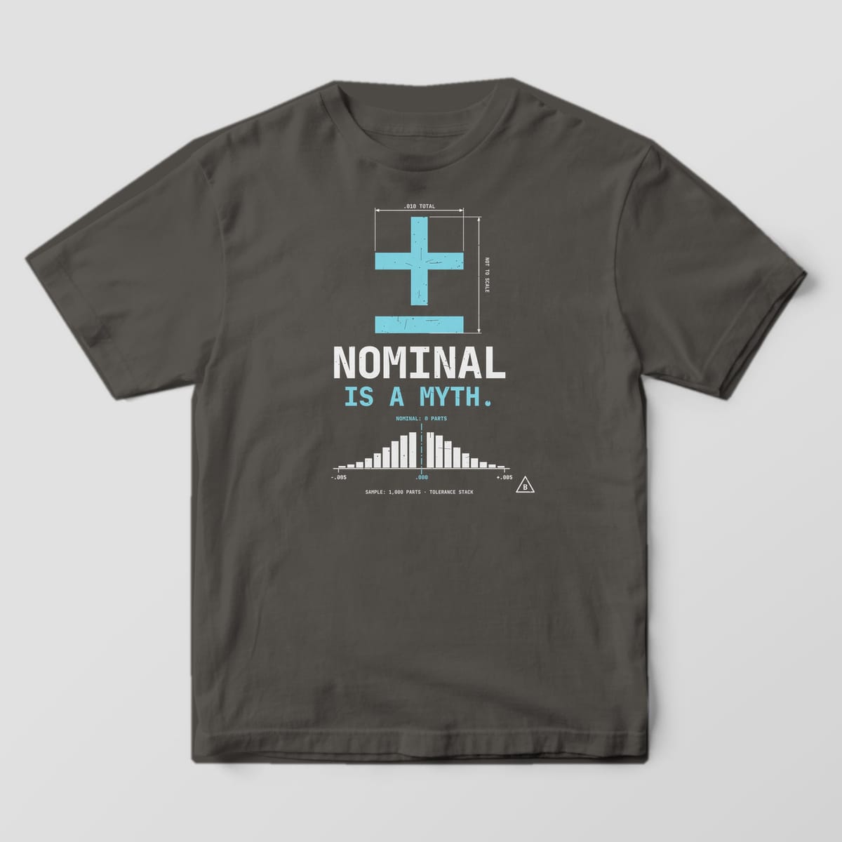 Front of a Pepper Comfort Colors 1717 tee with the Nominal Is a Myth full-front print.