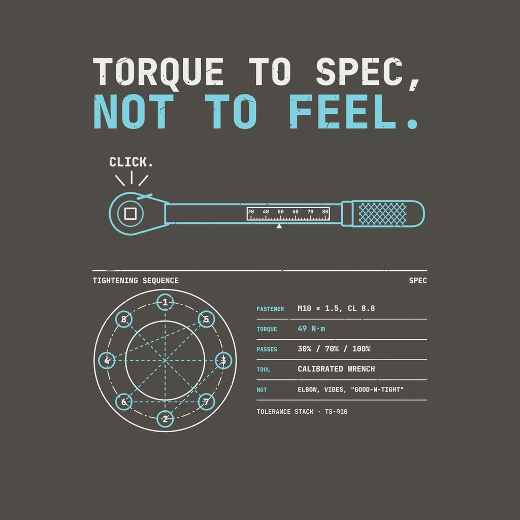 Close-up of the Torque to Spec print: cyan torque wrench line art with a knurled grip, numbered star bolt sequence and a mono spec table, lightly distressed.