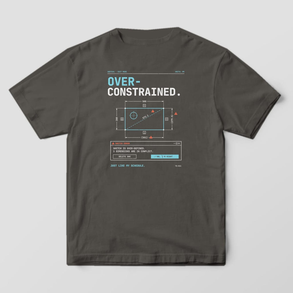 Back of a Pepper Comfort Colors 1717 tee with Over-Constrained in off-white and cyan type above a dimensioned sketch with orange warning triangles and an error dialog.