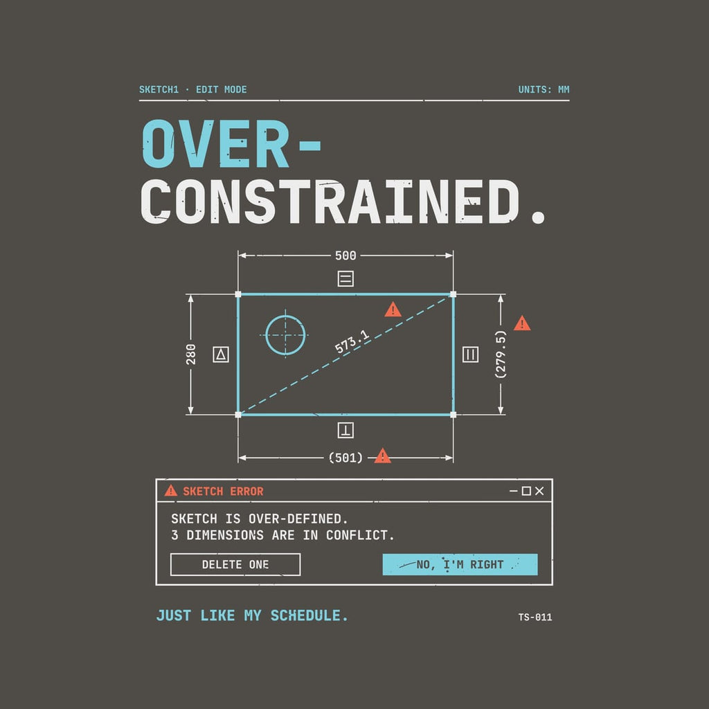 Close-up of the print: mono lettering, cyan sketch rectangle with dimensions, orange error triangles and a dialog box reading No, I'm Right, lightly distressed.