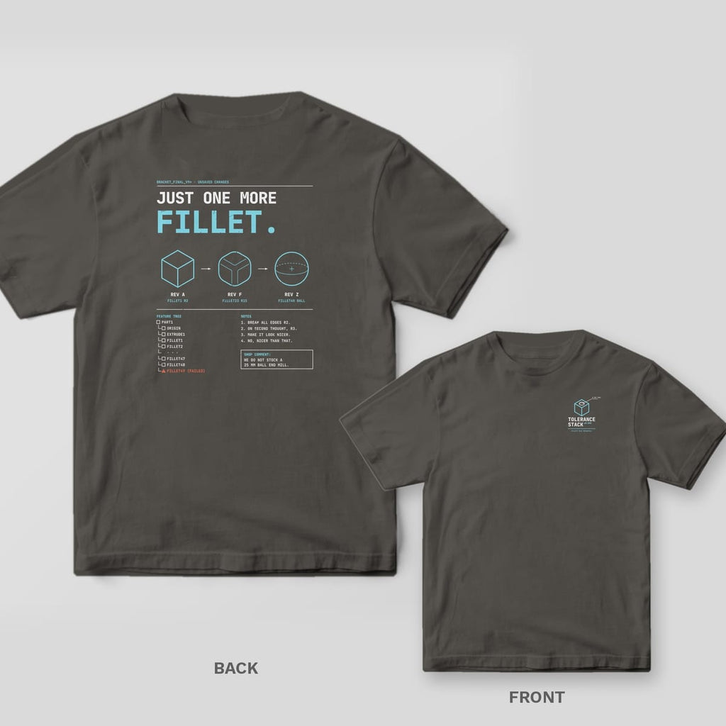 Pepper Comfort Colors tee shown back and front: Just One More Fillet with a cube turning into a ball on the back and a small isometric cube logo on the chest.