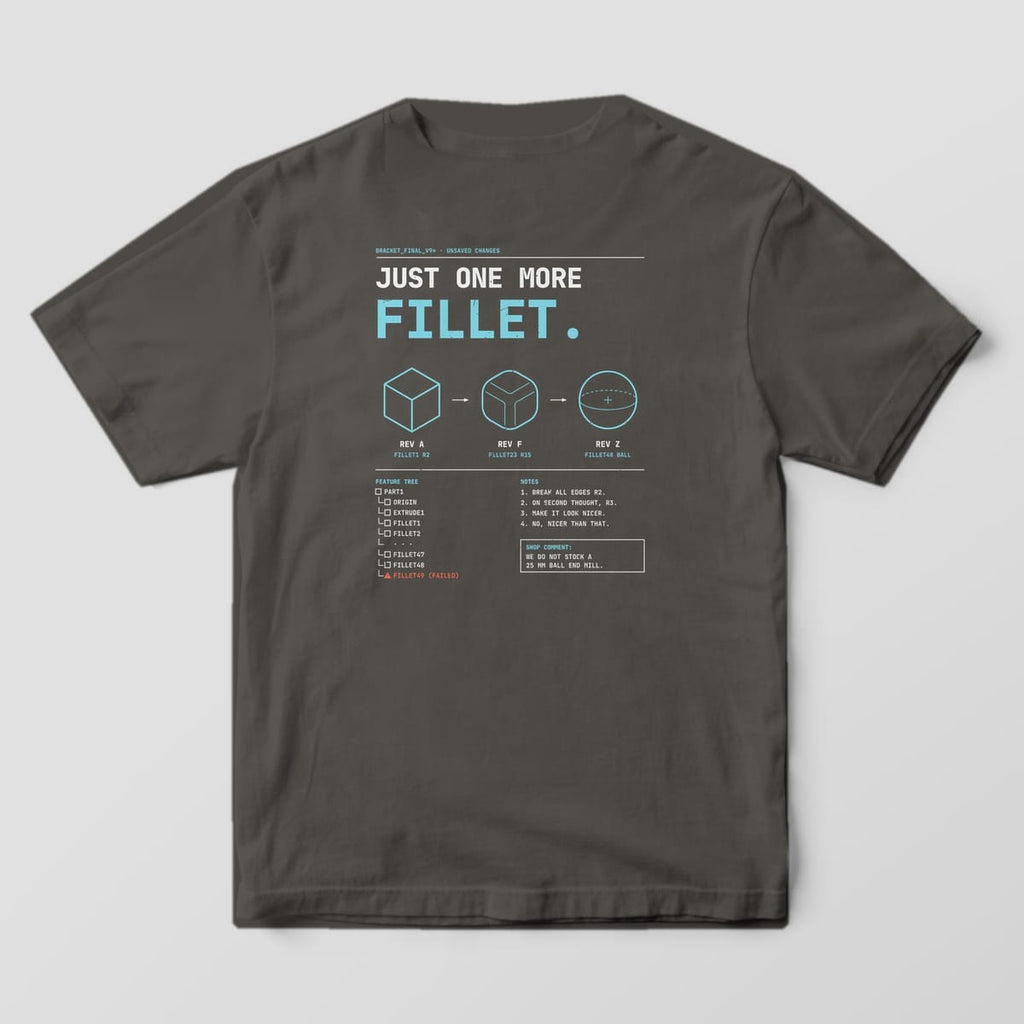 Back of a Pepper Comfort Colors 1717 tee with Just One More Fillet in off-white and cyan, three cyan line drawings from cube to sphere, and a feature tree list.