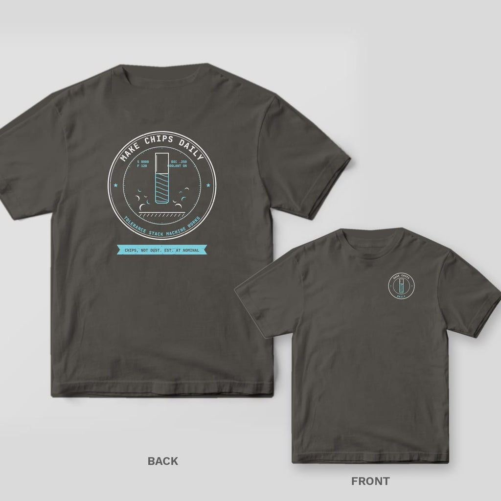 Pepper Comfort Colors tee shown back and front: a round Make Chips Daily machine-shop badge on the back and a small matching badge on the chest.