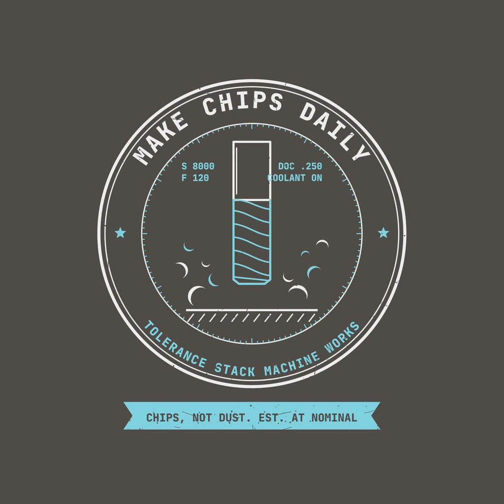 Close-up of the Make Chips Daily print: circular badge type, dial ticks, a cyan end mill with spiral flutes, chips and a cyan banner, lightly distressed.