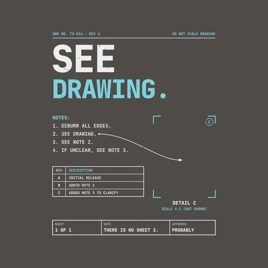 Close-up of the print: off-white and cyan mono type, numbered notes, a curved leader arrow into empty corner brackets and a revision table, lightly distressed.