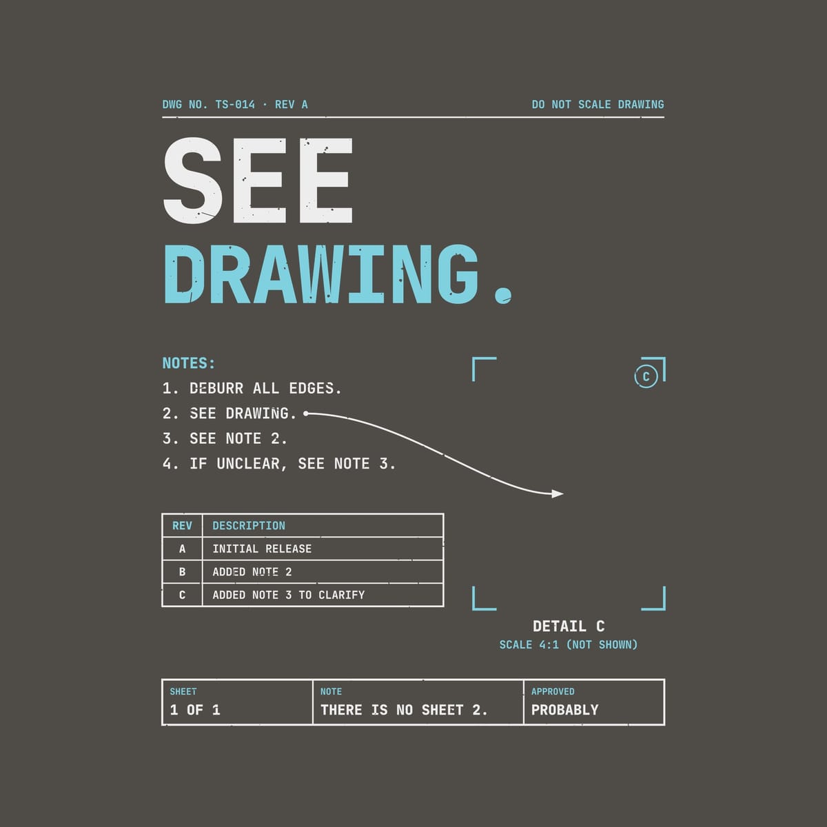 Close-up of the print: off-white and cyan mono type, numbered notes, a curved leader arrow into empty corner brackets and a revision table, lightly distressed.
