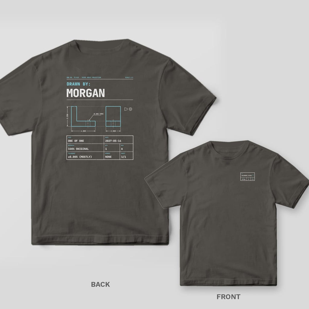 Pepper Comfort Colors tee shown back and front: a personalized engineering drawing reading Drawn By: Morgan on the back and a small title block on the chest.