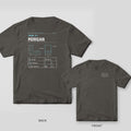 Pepper Comfort Colors tee shown back and front: a personalized engineering drawing reading Drawn By: Morgan on the back and a small title block on the chest.