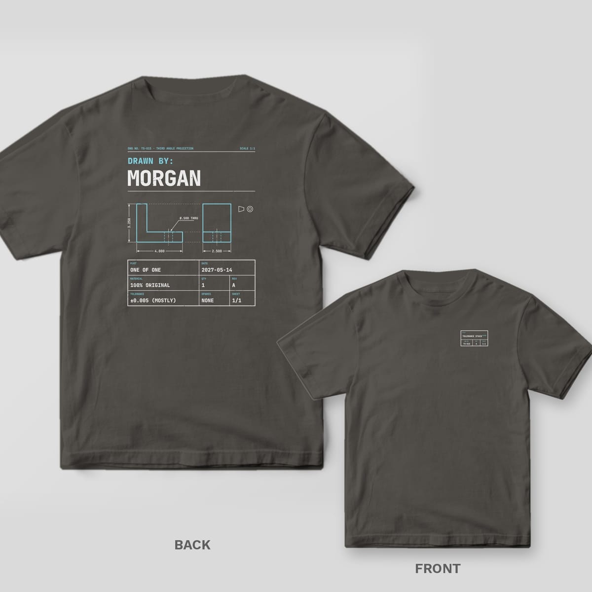 Pepper Comfort Colors tee shown back and front: a personalized engineering drawing reading Drawn By: Morgan on the back and a small title block on the chest.