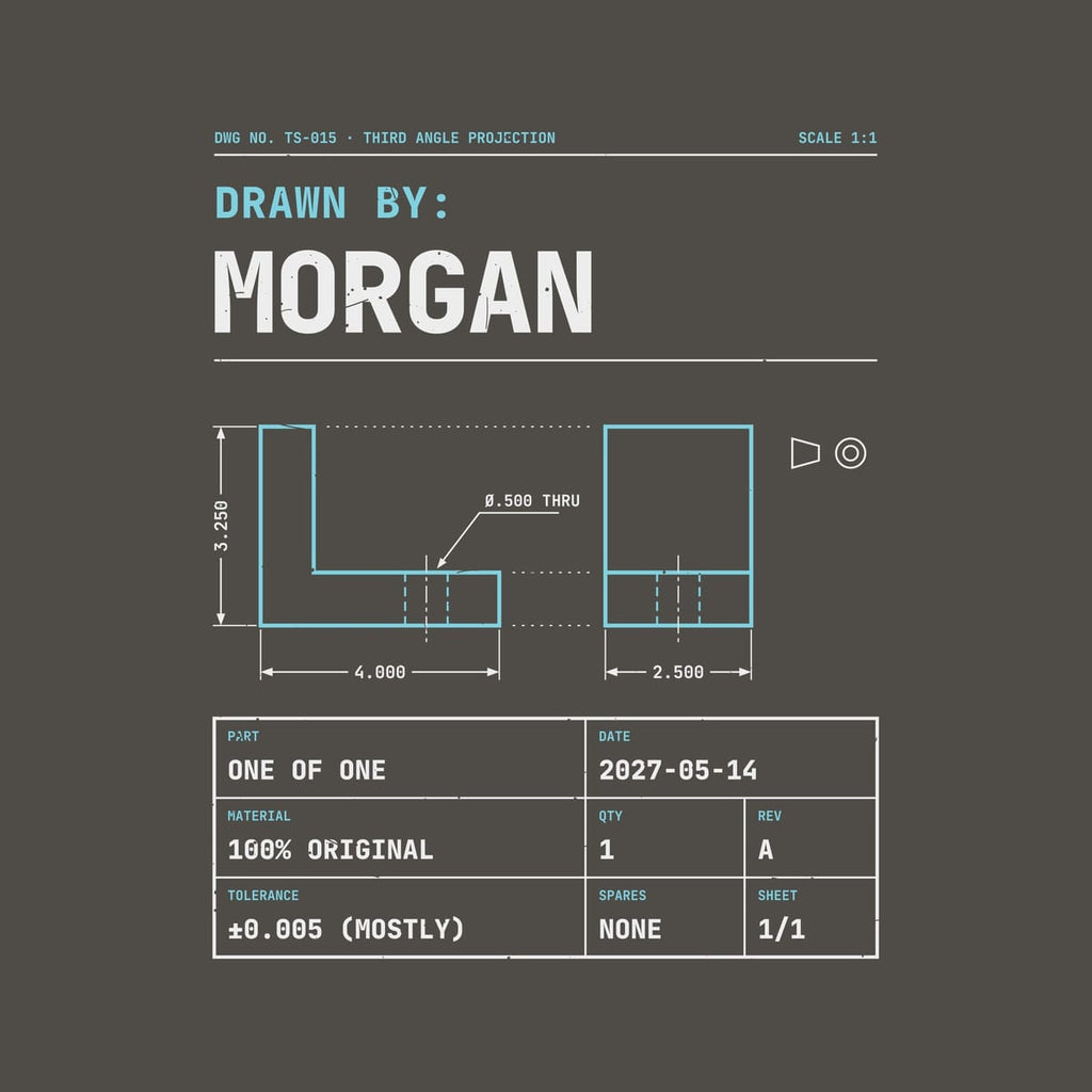 Close-up of the print: sample name Morgan in off-white mono type, a cyan two-view bracket drawing and a title block with the date 2027-05-14.