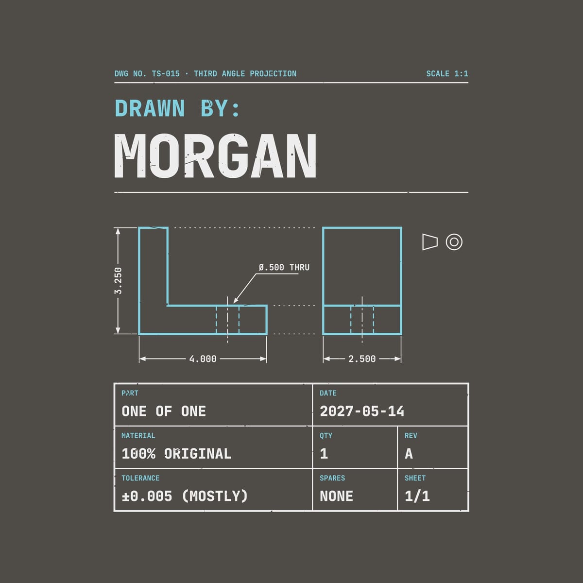Close-up of the print: sample name Morgan in off-white mono type, a cyan two-view bracket drawing and a title block with the date 2027-05-14.