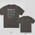 Pepper Comfort Colors tee shown back and front: a Section A-A gearbox cutaway on the back and a small section-line symbol on the chest.