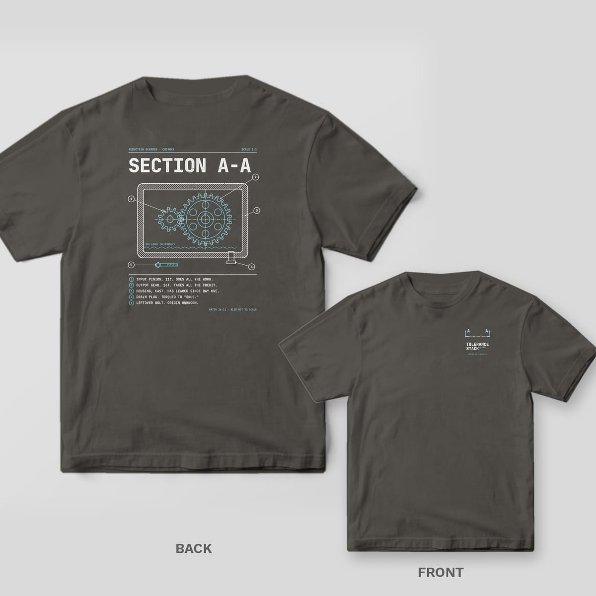 Pepper Comfort Colors tee shown back and front: a Section A-A gearbox cutaway on the back and a small section-line symbol on the chest.