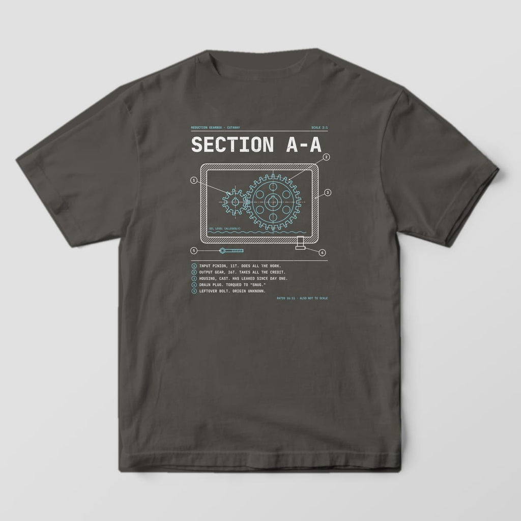 Back of a Pepper Comfort Colors 1717 tee with Section A-A in off-white type above a cyan gear cutaway inside a hatched housing and five numbered notes.