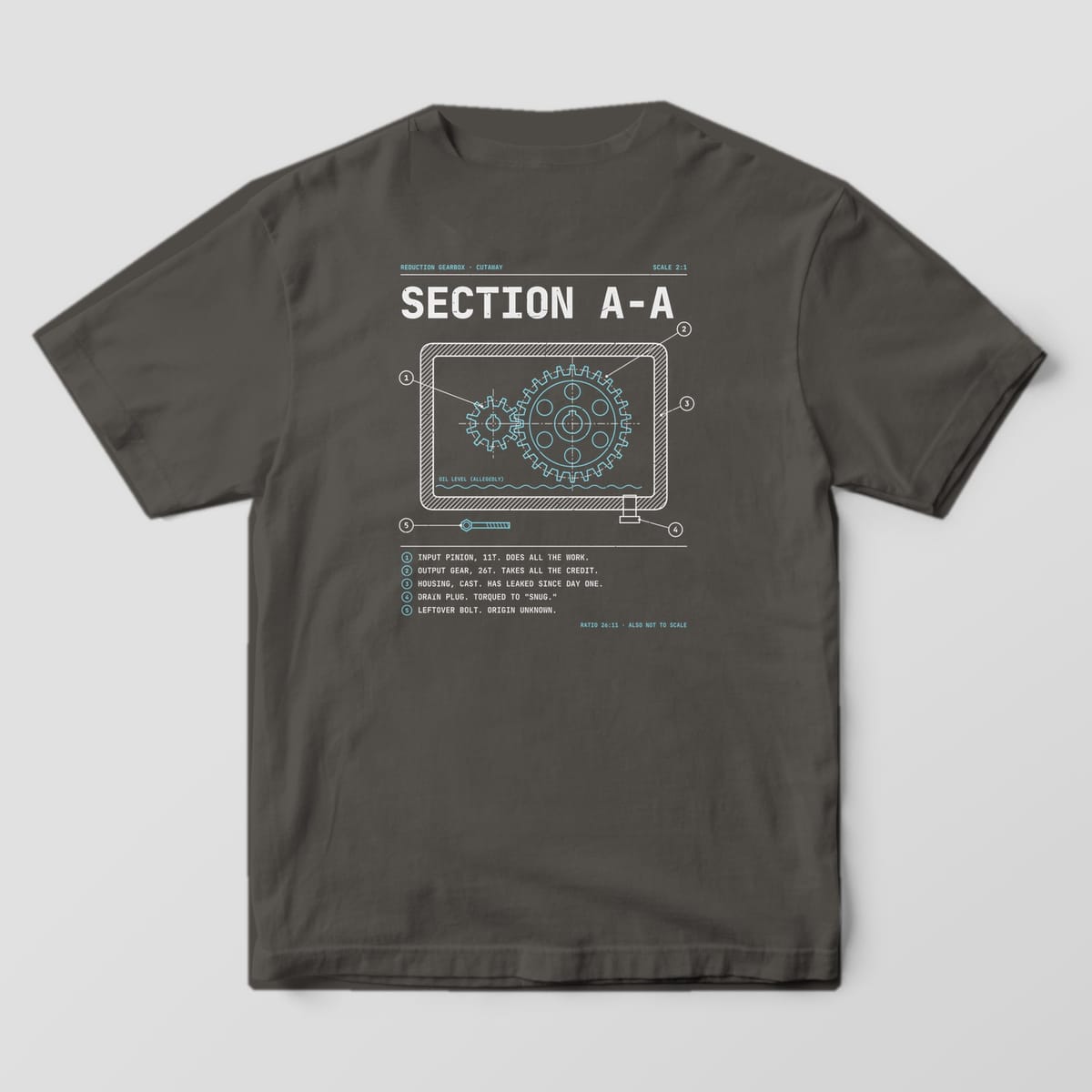 Back of a Pepper Comfort Colors 1717 tee with Section A-A in off-white type above a cyan gear cutaway inside a hatched housing and five numbered notes.