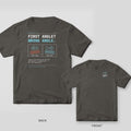 Pepper Comfort Colors tee shown back and front: First Angle? Wrong Angle. with rejected and approved projection symbols on the back and a small third-angle symbol on the chest.