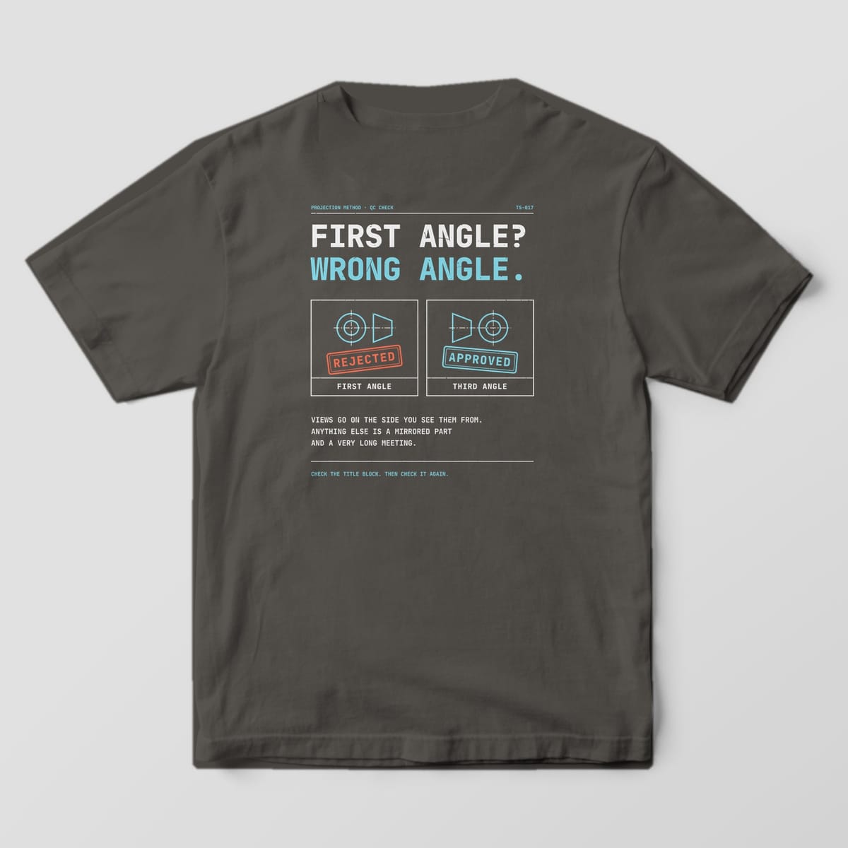 Back of a Pepper Comfort Colors 1717 tee with First Angle? Wrong Angle. in off-white and cyan, and two projection symbols stamped Rejected and Approved.