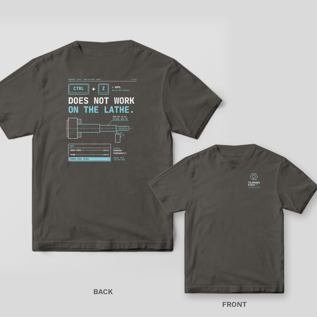 Pepper Comfort Colors tee shown back and front: Ctrl Z Does Not Work on the Lathe on the back and a small hex nut logo on the chest.