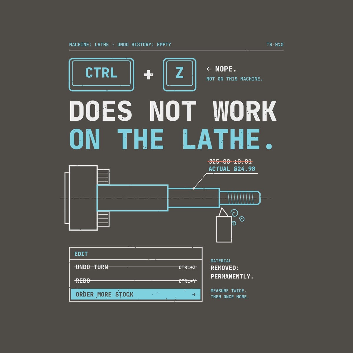 Close-up of the print: a cyan stepped shaft in a chuck with a cutting tool, a crossed-out diameter callout and an Edit menu with Order More Stock highlighted.