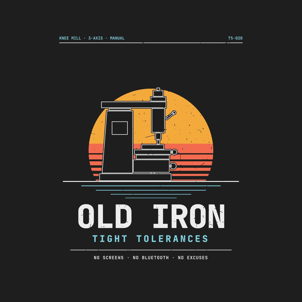 Close-up of the print: a manual milling machine silhouette with off-white outlines over amber and orange sunset stripes, with cyan floor lines and bold mono type.