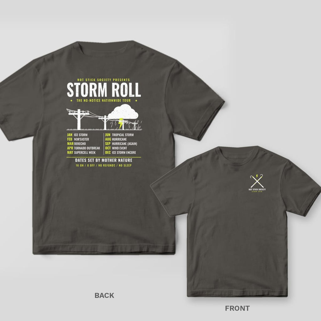 Back and front of a pepper Storm Roll Tour lineman T-shirt shown together, back print large on the left and the small chest print on the right