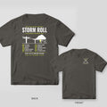 Back and front of a pepper Storm Roll Tour lineman T-shirt shown together, back print large on the left and the small chest print on the right