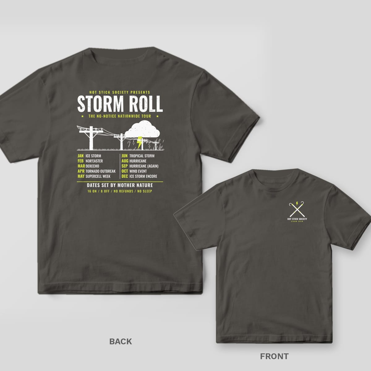 Back and front of a pepper Storm Roll Tour lineman T-shirt shown together, back print large on the left and the small chest print on the right