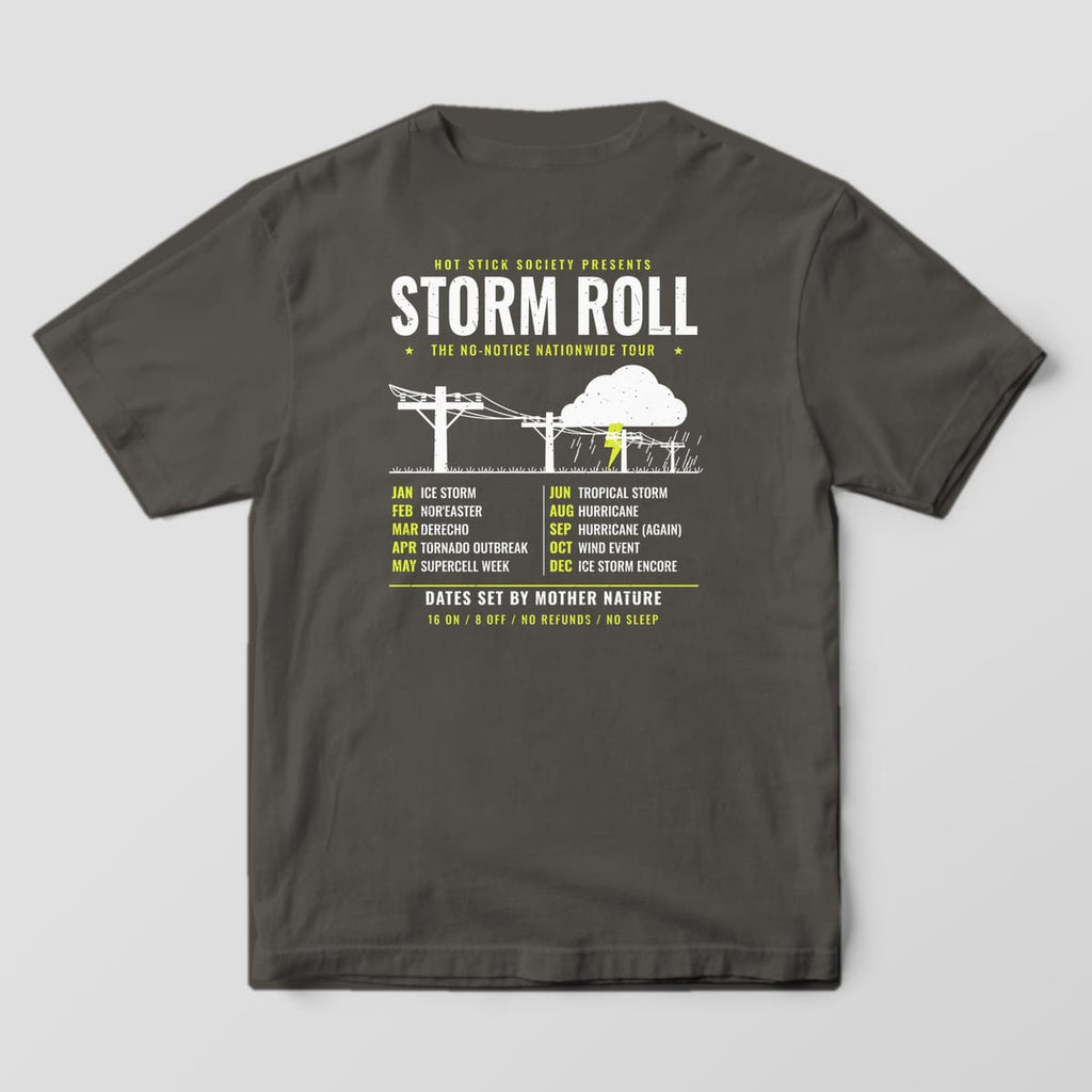 Back view of the pepper Comfort Colors 1717 shirt showing the Storm Roll Tour back print in hi-vis yellow and white
