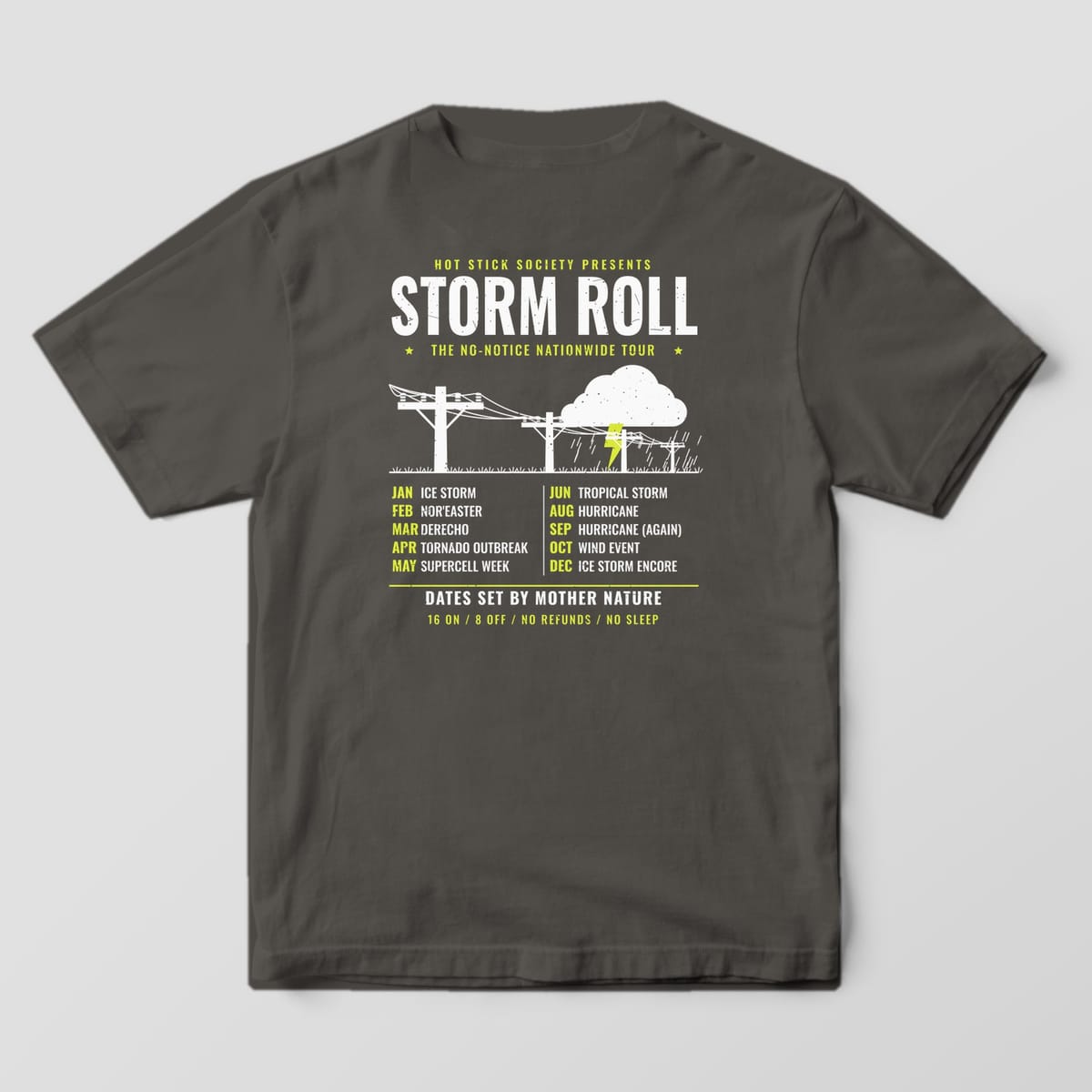 Back view of the pepper Comfort Colors 1717 shirt showing the Storm Roll Tour back print in hi-vis yellow and white