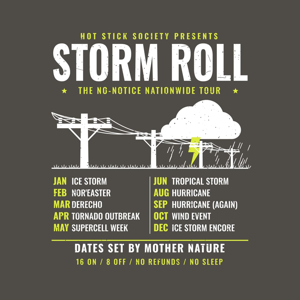 Close-up of the Storm Roll Tour print artwork in hi-vis yellow and white on a dark background