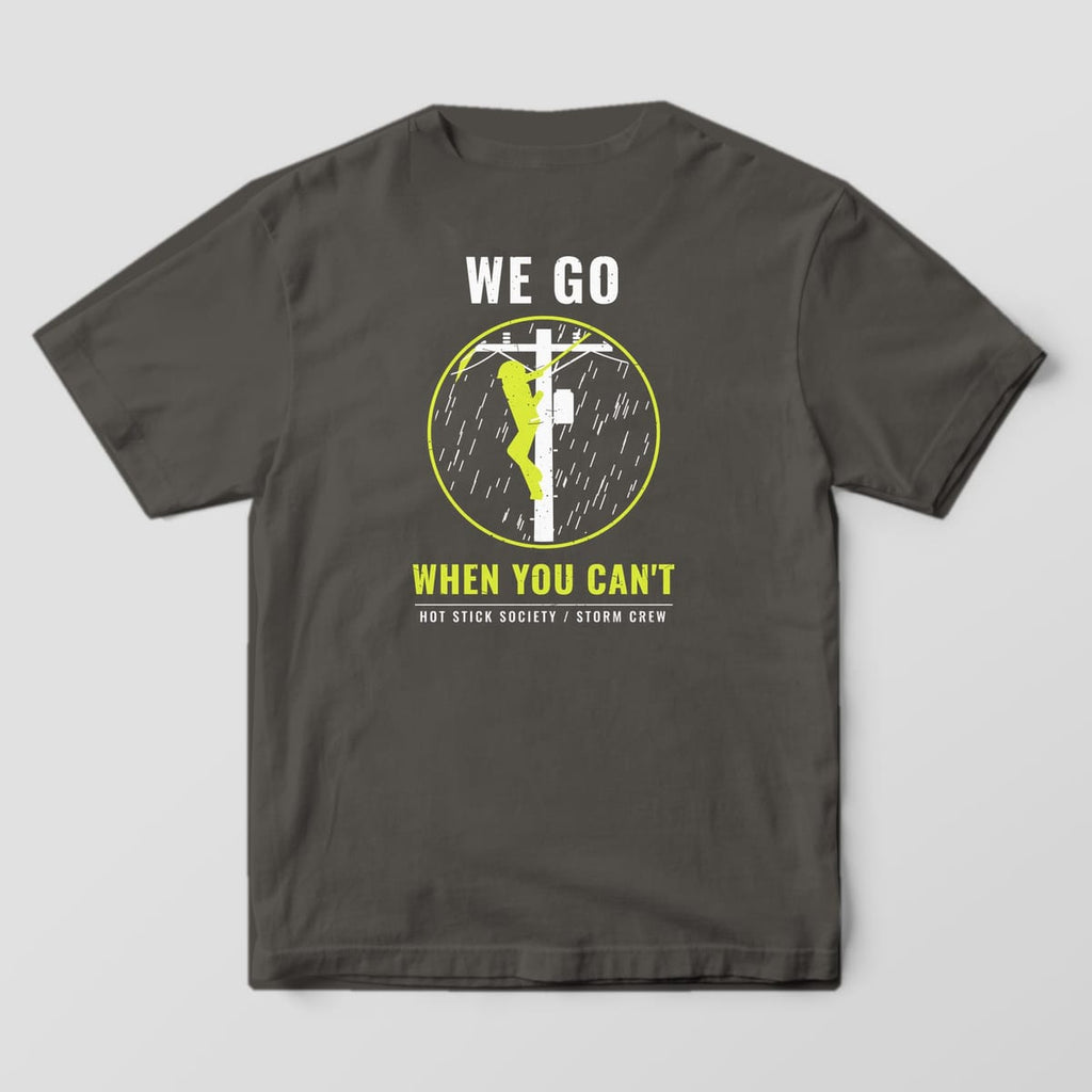 Back view of the pepper Comfort Colors 1717 shirt showing the We Go When You Can't back print in hi-vis yellow and white