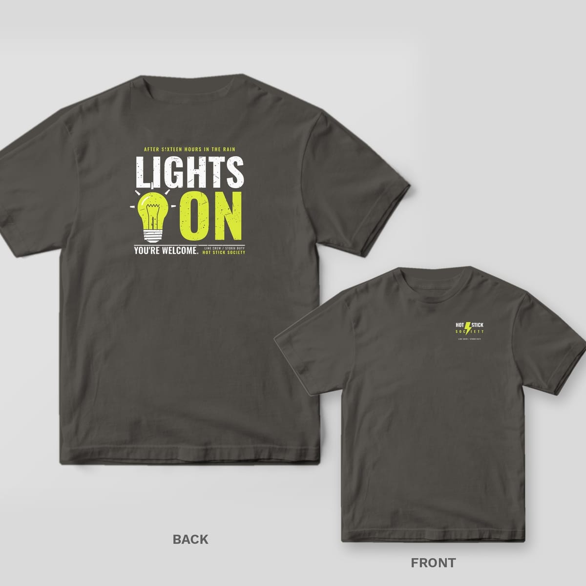 Back and front of a pepper Lights On lineman T-shirt shown together, back print large on the left and the small chest print on the right