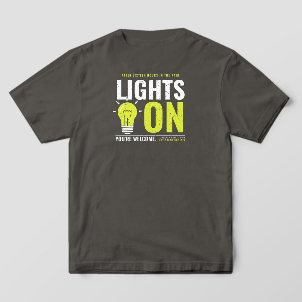 Back view of the pepper Comfort Colors 1717 shirt showing the Lights On back print in hi-vis yellow and white