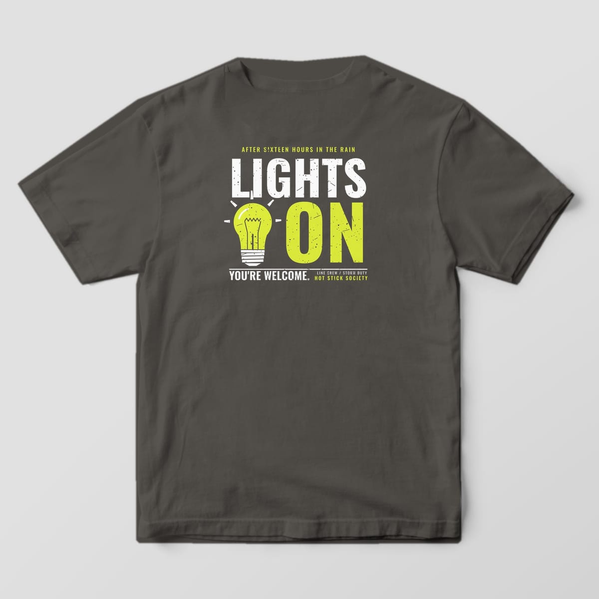 Back view of the pepper Comfort Colors 1717 shirt showing the Lights On back print in hi-vis yellow and white