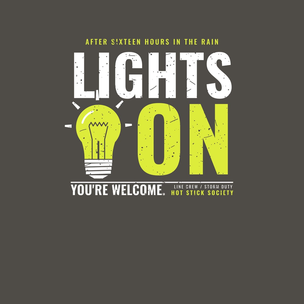 Close-up of the Lights On print artwork in hi-vis yellow and white on a dark background