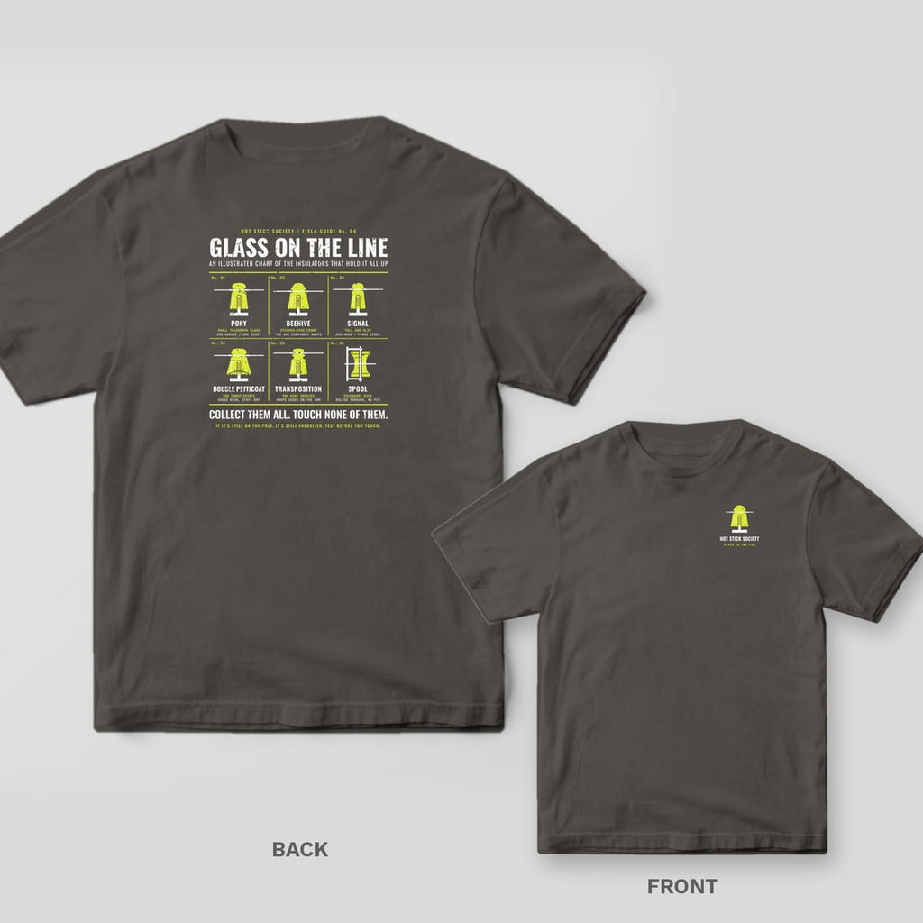 Back and front of a pepper Glass on the Line Insulator Chart lineman T-shirt shown together, back print large on the left and the small chest print on the right
