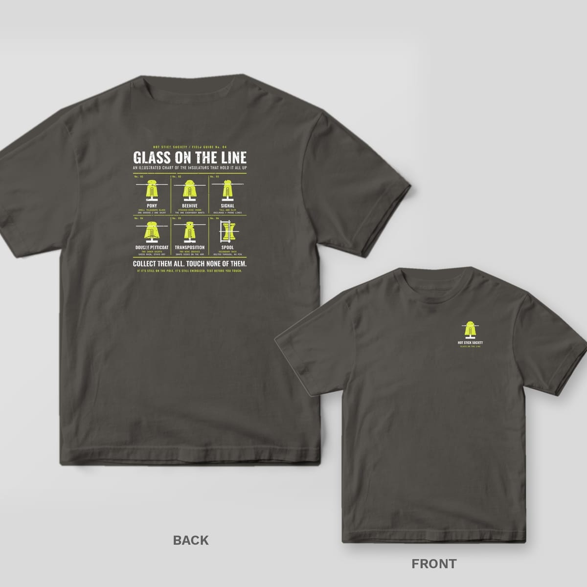 Back and front of a pepper Glass on the Line Insulator Chart lineman T-shirt shown together, back print large on the left and the small chest print on the right