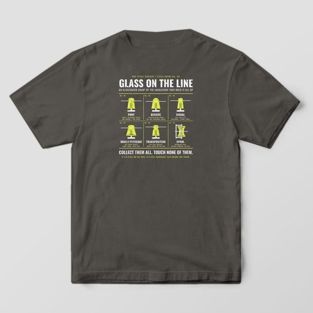 Back view of the pepper Comfort Colors 1717 shirt showing the Glass on the Line Insulator Chart back print in hi-vis yellow and white