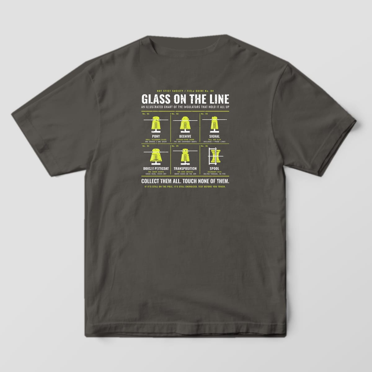 Back view of the pepper Comfort Colors 1717 shirt showing the Glass on the Line Insulator Chart back print in hi-vis yellow and white