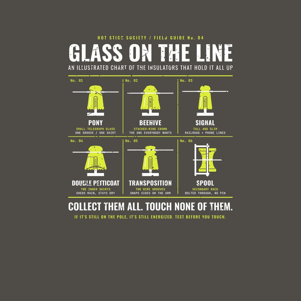 Close-up of the Glass on the Line Insulator Chart print artwork in hi-vis yellow and white on a dark background