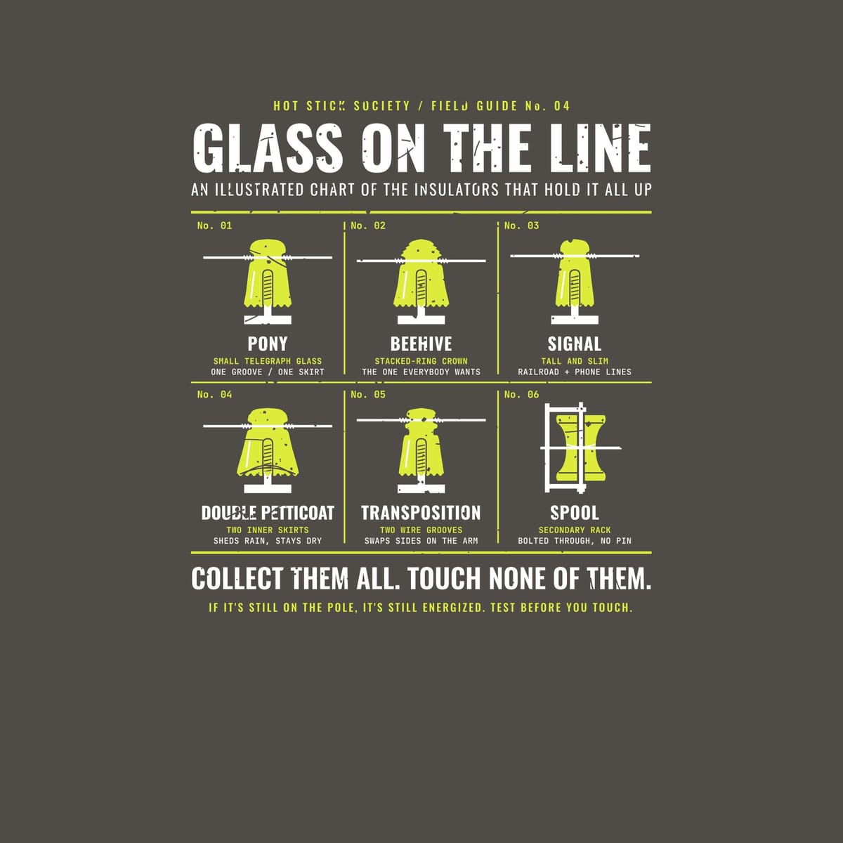 Close-up of the Glass on the Line Insulator Chart print artwork in hi-vis yellow and white on a dark background