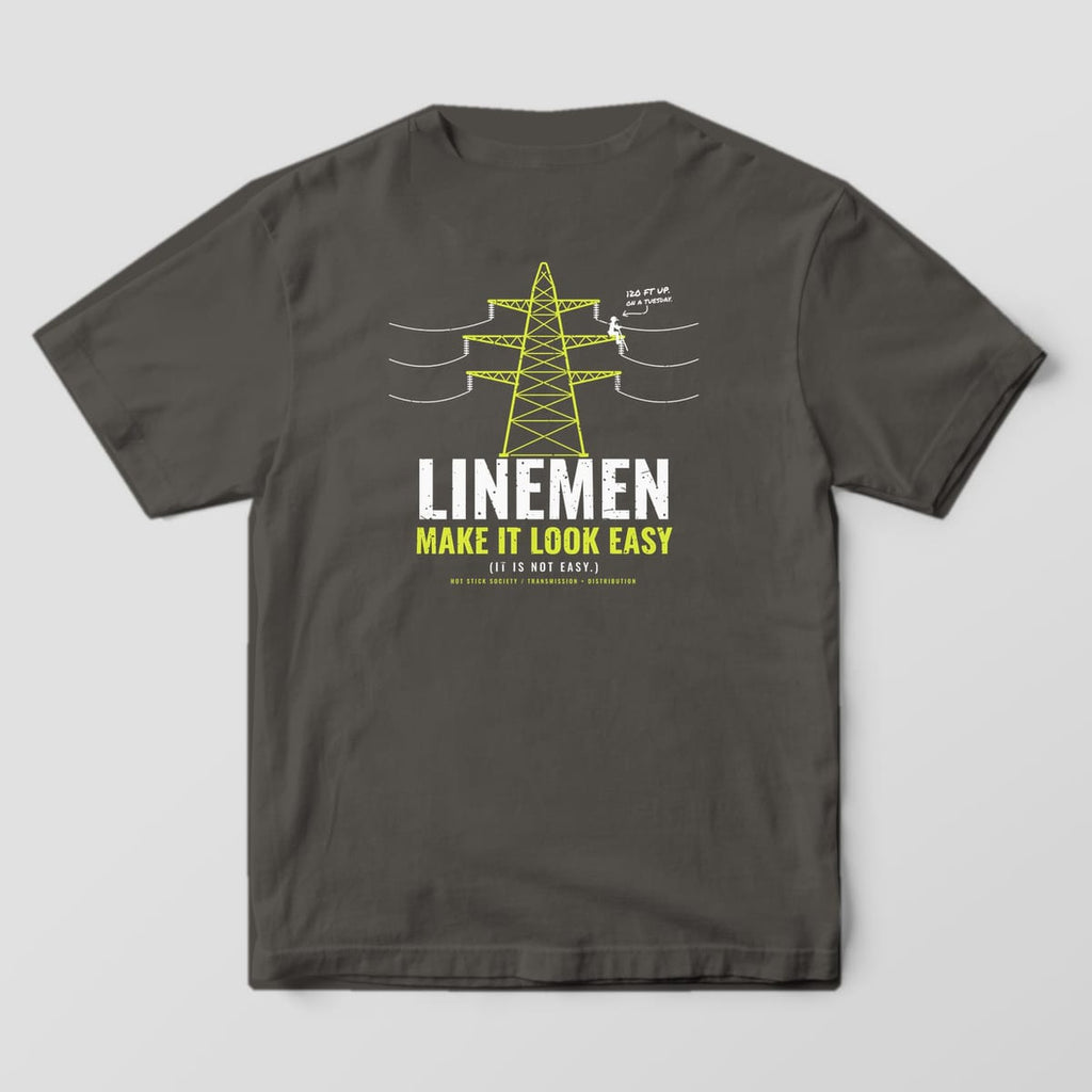 Back view of the pepper Comfort Colors 1717 shirt showing the Linemen Make It Look Easy back print in hi-vis yellow and white