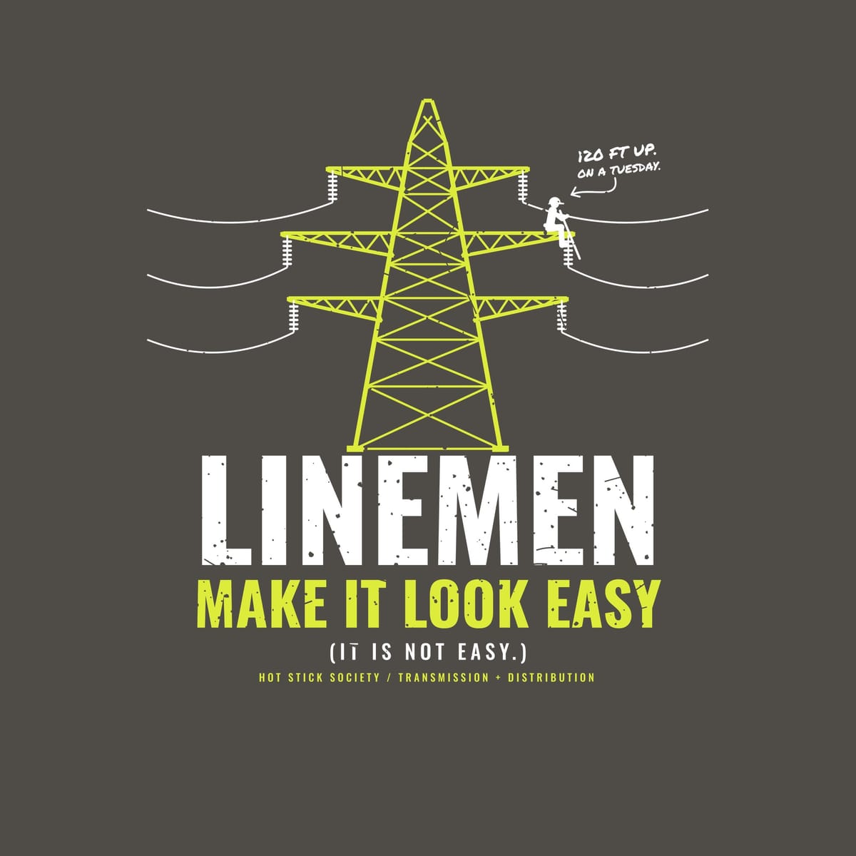 Close-up of the Linemen Make It Look Easy print artwork in hi-vis yellow and white on a dark background