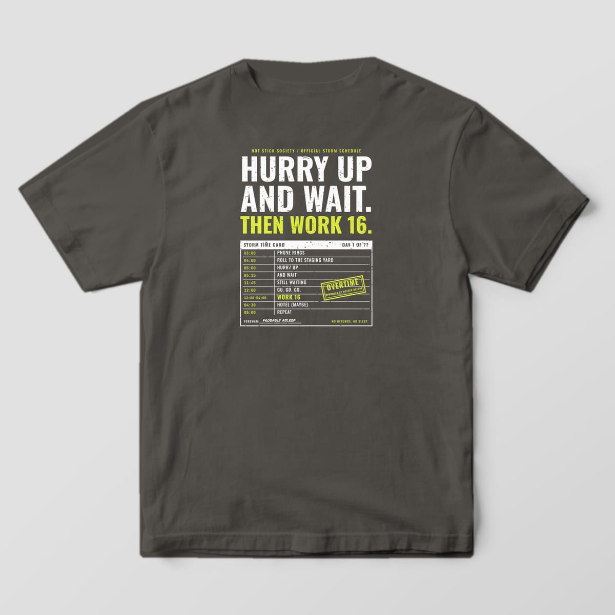 Back view of the pepper Comfort Colors 1717 shirt showing the Hurry Up and Wait Storm Time Card back print in hi-vis yellow and white
